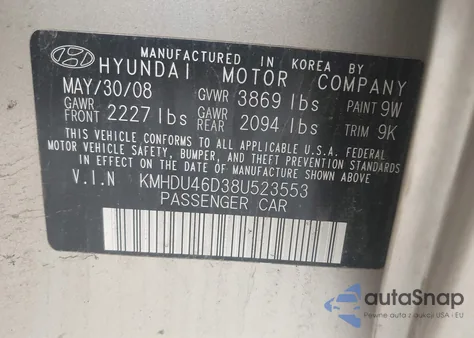 2008 Hyundai Elantra Gls/Se z USA, uszkodzony, nr VIN KMHDU46D38U523553